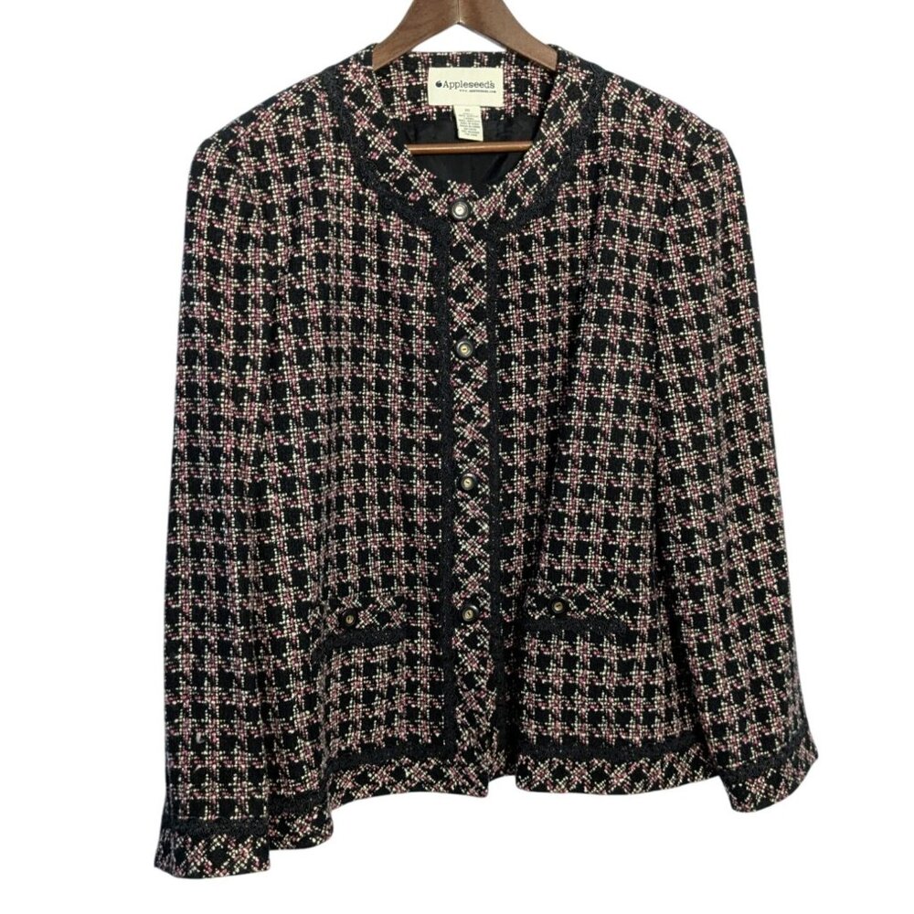 Appleseeds Womens Tweed Jacket Sz 20 Black & Pink Plaid Long Sleeve Lined - Picture 8 of 12